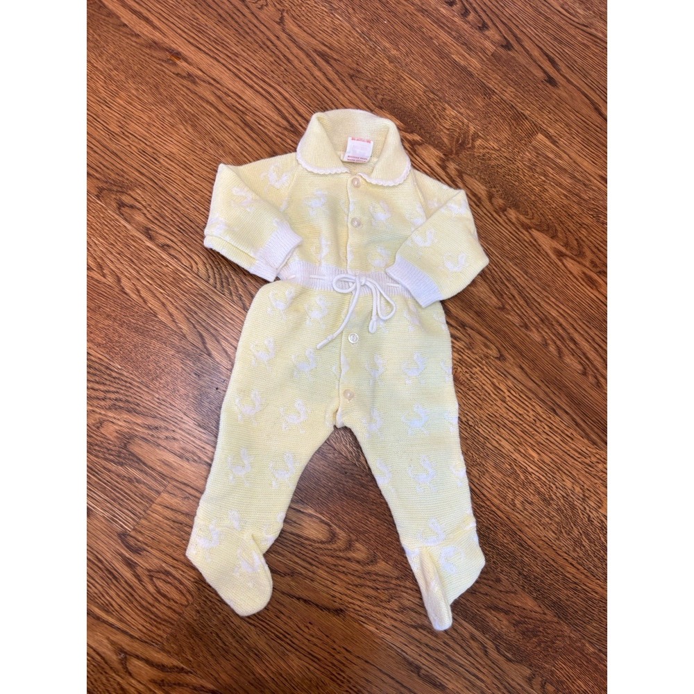 Vintage 80s Baby 0-3 Month Yellow Duck One Piece Gender Neutral Collared EUC